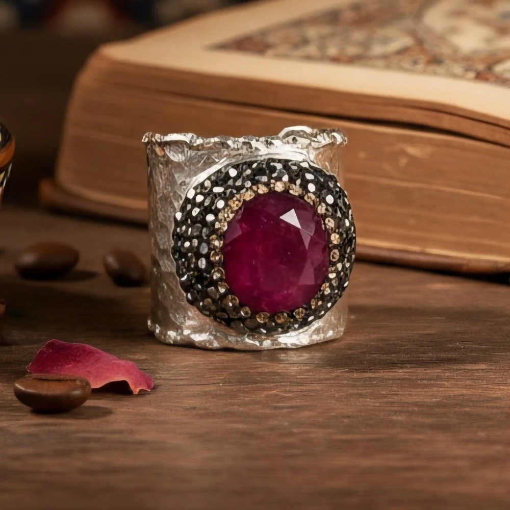 Boho Glam Ruby Gemstone Adjustable Turkish Handmade Wide Silver-Plated Ring